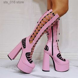 Boots RIBETRINI Pink Punk Style Round Toe Plaform High Heels Cutout Summer Knee High Boots Zipper Brand Designer Fashion Shoes Boots T230824