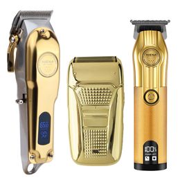 Barbeadores elétricos Hiena Conjunto de máquina de cortar cabelo masculino de 3 aparadores de barba recarregáveis USB profissionais 230825