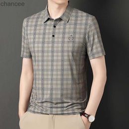 2023 Summer Short Sleeve Polo Collar Plaid Stripe Fashion England Style Casual Loose Pullover Formal Button T-shirt Tops HKD230825