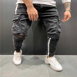 New Pencil Pants Ripped Jeans Slim Spring Hole Men's Fashion Thin Skinny Jeans for Men Hiphop Multi-pocket Trousers S-3XL X06296R