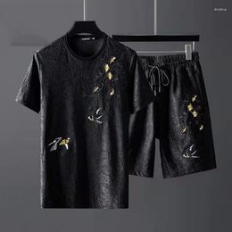 Men's T Shirts High Quality Casual Sports Suit Summer Trend Personality Plum Embroidery Slim Korean Shorts Short Sleeve Two-piece