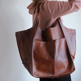 Shopping Bags European And American Vintage Simple Big Bag Soft Leather Large Capacity One Shoulder Handheld Tote Solid Colour Women's