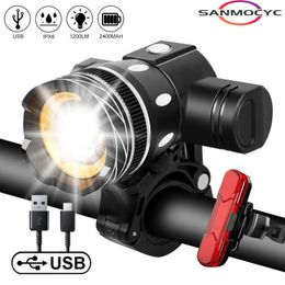 Bike Lights T6 LED Bicycle Front Light USB Rechargeable Lantern 2400mAh for Zoom Bike Headlight Cycling Flashlight MTB Bike Accessories 230824