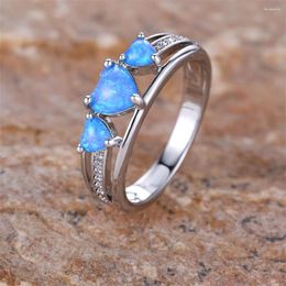 Wedding Rings Classic Three Stone White Zircon Engagement Ring Blue Fire Opal Love Heart For Women Couples Jewellery Valentine's Day Gifts