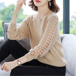 Women's Sweaters 2023 Autumn Winter Stitching Lace Knitted Sweater Women Flowers Hollow Loose Round Neck Solid Colour Casual Jumpers Female