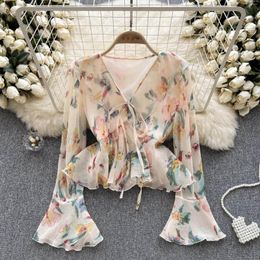 Women's Blouses Summer 2023 Sweet And Gentle Flared Long Sleeve Ruffled Print Chiffon Top