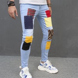 Mens Jeans Fashion Light Blue Patch Slim Fit Small Foot Cotton Denim 230825