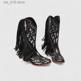 Kovboy için Cowgirls için Kadınlar Saçak Bling Western Boots Med buzağı ayakkabıları üzerine kayma yaz Sonbahar Vintage retro kahverengi T230824 D59d9