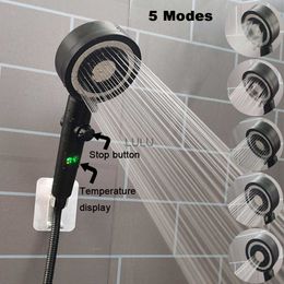 Temperature Digit Display Shower Head 5 Modes One Key Stop Handheld Shower High Pressure Water Saving Philtre Bathroom Showerhead HKD230825 HKD230825