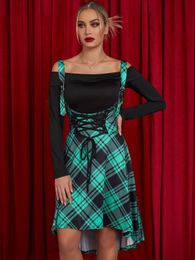 Basic Casual Dresses Autumn Off The Shoulder Midi Dress Plaid Lace Up Corset Style High Low Long Sleeves Asymmetric 230824