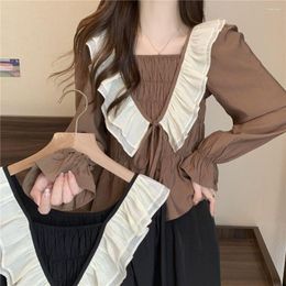 Women's Blouses 2023 Square Collar Spring And Autumn Sexy Bandage Knit Sweater Shirring Bottoming Lace-up Pleated Shirts Top Women T239