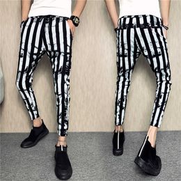 Styles Black and White Striped Trousers Mens Summer Slim Casual Drawstring Harem Pants Wild Street Pavupn