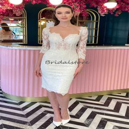 Chic Short Lace Wedding Dress With Sleeves Sheath Knee Length Backless Beach Bride Dress 2023 Japan Korean Bohemian Bridal Skirt Robe De Mariee Vestios De Novia