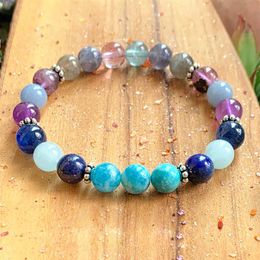 MG1003 Genuine Blue Apatite Chakra Bracelet Rainbow Fluorite Mala Bracelet Natural Aqua marine Lapis Lazuli Energy Bracelet247d