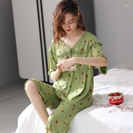 Women's Sleepwear M-3XL Novelty Modal Elegant Short Sleeve Cropped Trousers Pajamas Women Summer Nightwear Suit Female Pijama Set