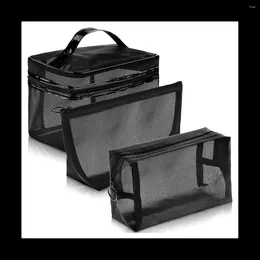 Storage Bags 3Pcs Zipper Make Up Toiletry Wash Women Travel Black Mesh Cosmetic Bag Transparent