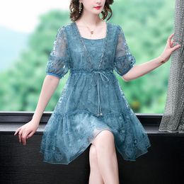 Casual Dresses High-end Large Size Ladies Women's 2023 Summer Embroidery Can Draw Rope Waist Cover Dress