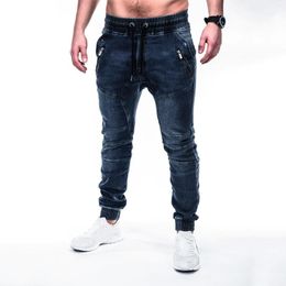 Men's Jeans Bunched Feet Cargo Lace Up Elastic Waist Slim Denim Trousers For Man Long Casual