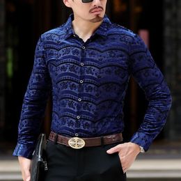 Men's Dress Shirts Silk Mens Vevlet Floral Shirt See Through Summer Long Sleeve Social Male Business Casual Soft Thin2023