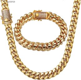 putouzip Miami Cuban Link Chain Set For Men 18K Gold Plated Stainless Steel 10mm Curb Bracelet Necklace Diamond Chains