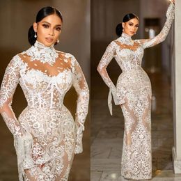 Modest High Neck Mermaid Wedding Dresses Illusion Long Sleeve Lace Appliqued Aso Ebi Arabic Bridal Gown Vestidos De Novia 328 328