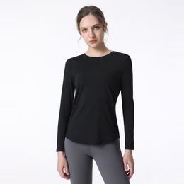 Lu fitness tops yoga t-shirt long sleeve sports women back mesh stitching breathable elasticity workout exercise quick dry running gym clothes black