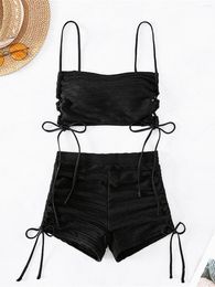 Women's Swimwear Lace Up Wrinkled Female Swimsuit High Waist Bikini Women Two-pieces Set Bather Bathing Suit Swim Shorts K4355