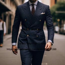 Men's Suits Blazers Navy Blue Stipe Suit For Men Double Breasted Business Blazer Wedding Groom Tuxedo 2 Piece Set Daily Jacket Pants Terno Masculino 230824