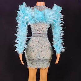 Stage Wear Blue Feather Sexy Transparent Crystals Dress Birthday Celebrate Outfit Evening Woman Dance Show Costume
