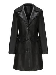 Women's Leather Faux Leather In Autumn Winter Fashion Black Long Leather Jacket Women Elegant England Style Trench Coat Single Breasted Outerwears 230824