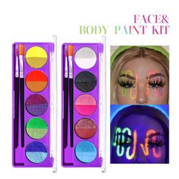 UV Fluorescent Face Body Paint Palettes Kit Professional 10 Colors Halloween Makeup Palette Water-soluble Human Body Painting Party Festival Stage Make up