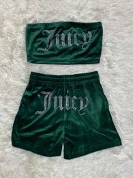 Juicy Women's Two Piece Pants Juicy Apple Velvet Sexy with Drill Fashion Tube Crop Top Casual Drawstring Shorts Set Loose Tracksuit Juciy Track Suit 751