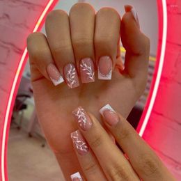 False Nails 24 PCs Medium Length Square Head Fake Leaf Wavy Design White Pink With Jelly Sticker Full Cover Press On