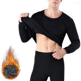 Men's Thermal Underwear Men Long John Set Soft Fleece Thick Lined Crew Neck Top Solid Autumn Underlay Bottom Wear