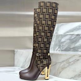 Knee Boots with high heels 10cm Belt buckle decoration Cut-Outs metal carved Special-Shaped Heel Round Toes Designer Fashion Zip Motorcycle High boots Knight Boots