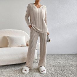 Women's Two Piece Pants Sets V Neck Women Long Sleeve Tops & Palazzo Set Solid Colour Knit Loose Shirts Simple Slouchy Homewear