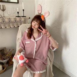 Women's Sleepwear Patchwork Women Pyjama Shorts Sets Ruffles Pijama Short Sleeve Loungewear Summer Home Clothes Pyjamas 2 Piece Set Cute