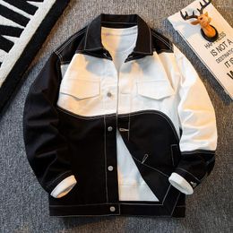 Men's Jackets Spring Autumn Black White Stitching Contrast Color Denim Jacket Loose Casual High Street Overcoat Male Clothes