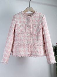 Women's Wool Blends High Quality Vintage Elegant Pink Woolen Cardigan Tweed Jacket For Women Luxury Houndstooth Pocket Design Coats Female Casacos 230824
