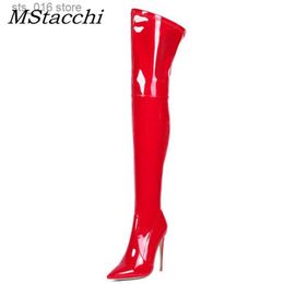 Boots MStacchi Women Over Knee High Boots Woman Patent Leather Stretch High Heel Boots Sexy Ladies Pointed Toe Thin Heel Botas Mujer T230824
