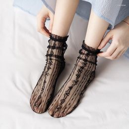 Women Socks Lacework Ruffle Retro Hollow Out Mesh Fishnet Loose Long Japanese Korean Fashion Summer Thin Transparent