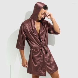 Men's Sleepwear Men Summer Bathrobe Male Soft Silk Short Sleeve Homewear Sexy Mens Loose Dressing Gown Bathrobes Robes Sleepwear(No Shorts)