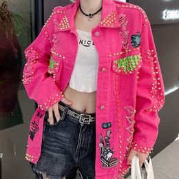 Womens Jackets Women Graffiti Printed Rivets Denim Jacket Loose Holes Diamonds Jeans Coat Sequined Cowboy Ripped Streetwear Cardigan Ins Tops 230824