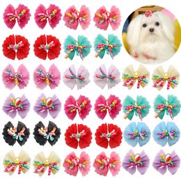 Cat Costumes 100PCS Dog Bows Volumes Ribbon Pet hair bows Lace Bowknot Rubber bands Cute Hair accessories Porcelain Gift For Dogs 230825