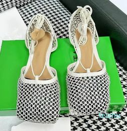 Beach Sandals Bohemian Vacation Flat Shoes Crystal Net Shoes Ankle Strappy Cross Tied Real Leather Shoes Woman