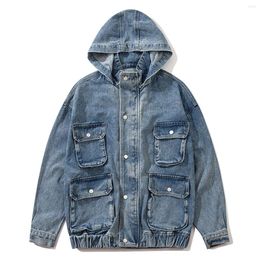 Men's Jackets Hip Hop Vintage Multi Pockets LACIBLE Hooded Coats Men Spring Streetwear Retro Denim Hoodies Casual Outwear Male