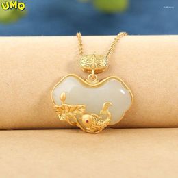 Chains Copy Real Gold 24k 999 Gilding Inheritance Hetian White Jade Leaf Fish Lock Pendant Female Pure 18K Jewelry