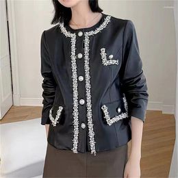 Women's Leather Genuine Jacket For Autumn And Winter 2023 Small Fragrant Style Niche Design Nail Bead Decoration Sheep Skin Top
