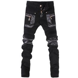 Whole- Korean style cool fashion Mens punk pants with leather zippers Black Colour Tight skenny Plus size 33 34 36 Rock trouser300c