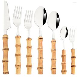 Dinnerware Sets 4/5/6/7Pcs Natural Bamboo Handle Tableware Luxury Stainless Steel Set Knives Dessert Forks Tea Spoons Cutlery